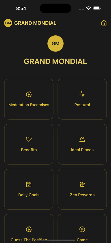 Grand Mondial Mobile - Grand Mondialアプリのメインダッシュボード、瞑想エクササイズ、毎日の目標、報酬のアイコンがダークゴールドのテーマで表示されています。