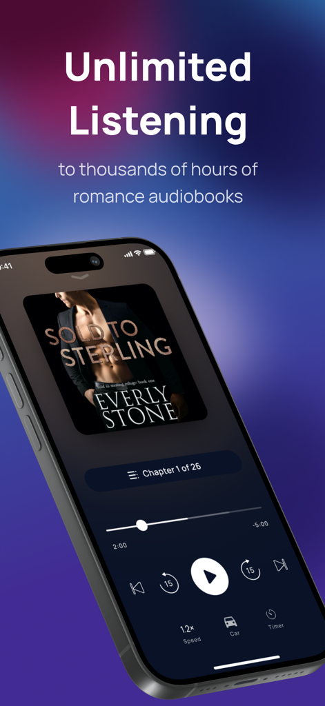 Tempt: Romance Audiobooks - Interface do reprodutor de audiolivros de romance Tempt com opções de audição ilimitada