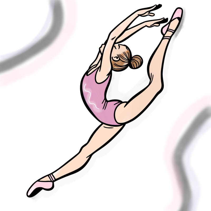 gymnast doing a leap in a leotard with a bent back leg
