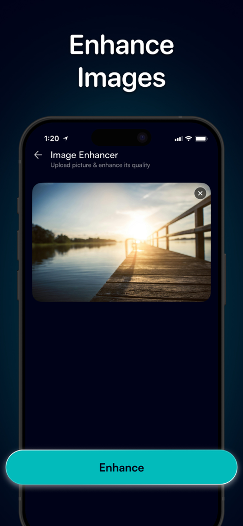PhotoPea app interface showing the AI image enhancer tool with a landscape photo of a sunset over a pier