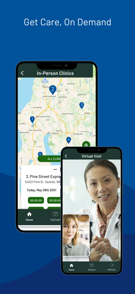 Providence - Providence app interface showing a clinic locator map and a telehealth virtual visit with a doctor