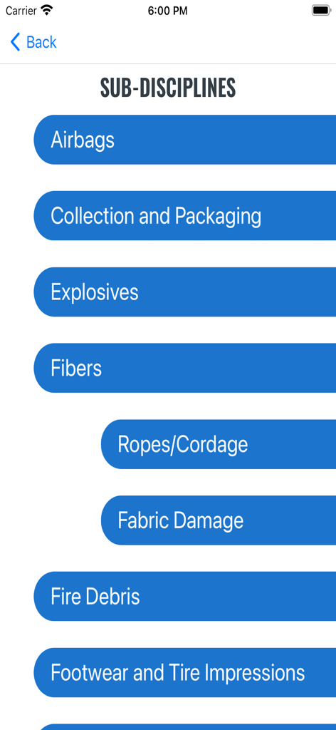 Menübildschirm für Unterdisziplinen in der Trace Evidence Collection App, der Kategorien wie Sprengstoffe, Fasern und Feuerwerkskörper auflistet.