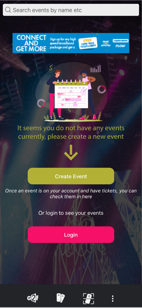 Go2Fete app interface for creating a new event or logging in