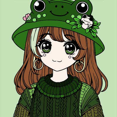 realistic girl wearing frog sweater and a frog hat with frog earrings
