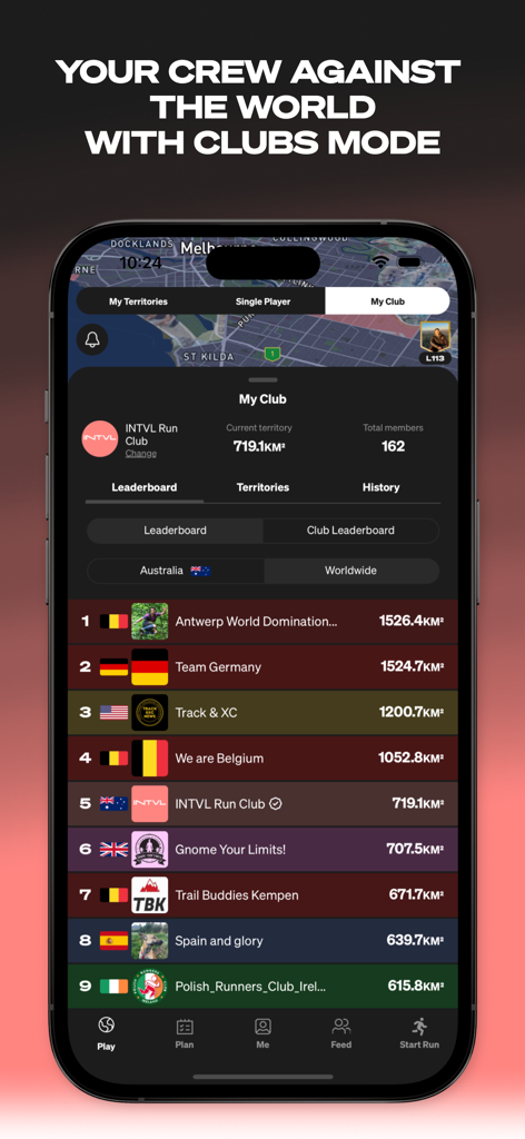 Mobile screenshot of the INTVL app showing a global leaderboard of running clubs competing for territory.