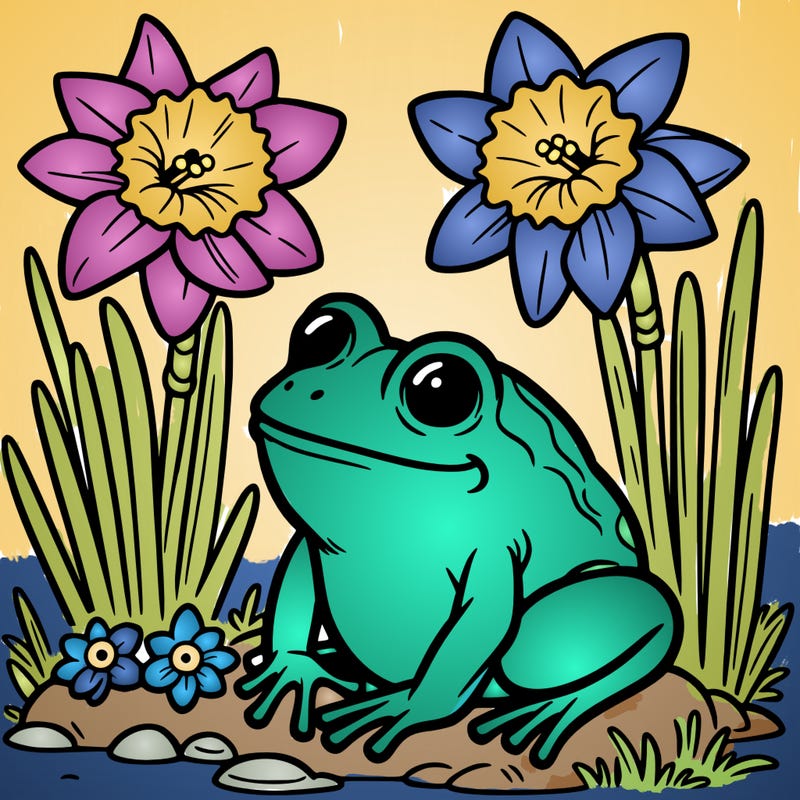 a frog and daffodils