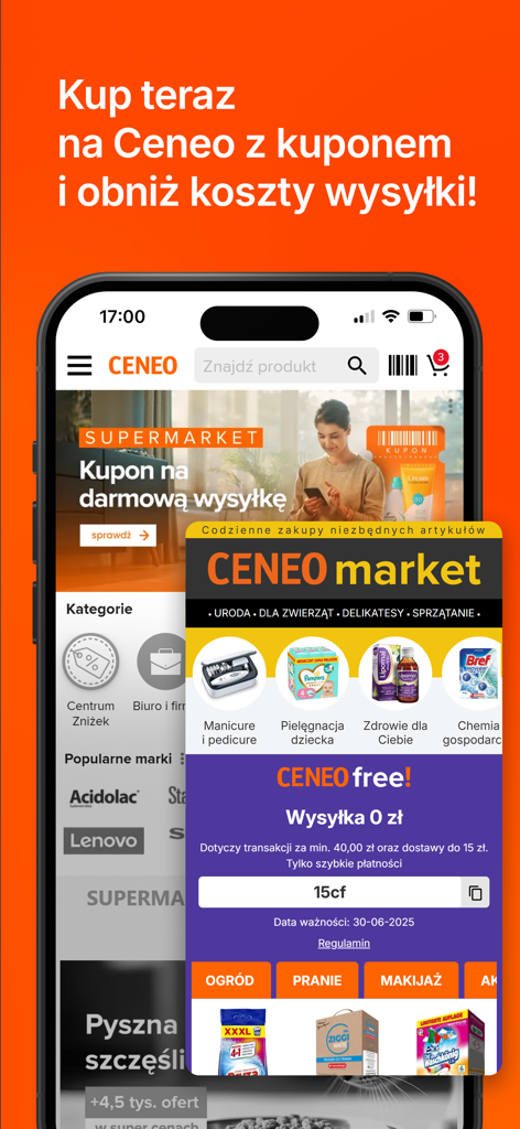 Ceneo app interface showing a free shipping coupon and the Ceneo market shopping categories.