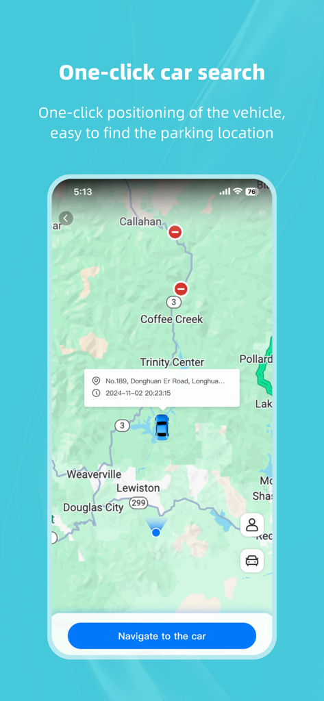 Kacam - Screenshot of Kacam app one-click car search feature showing vehicle location on a map