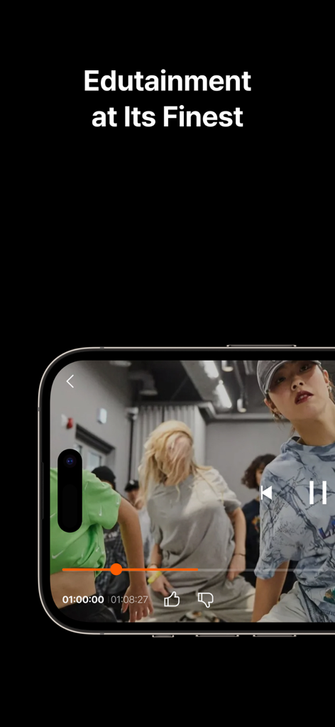 Tela de celular mostrando um tutorial de dança no aplicativo CLASS101 com o texto 'Edutainment no seu melhor'.