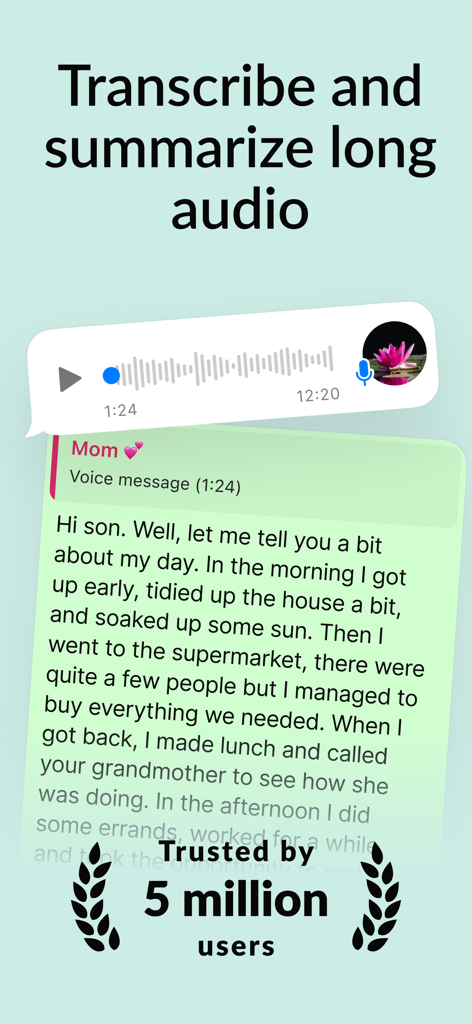 Zapia AI interface showing a long WhatsApp voice message transcribed into text with a summary