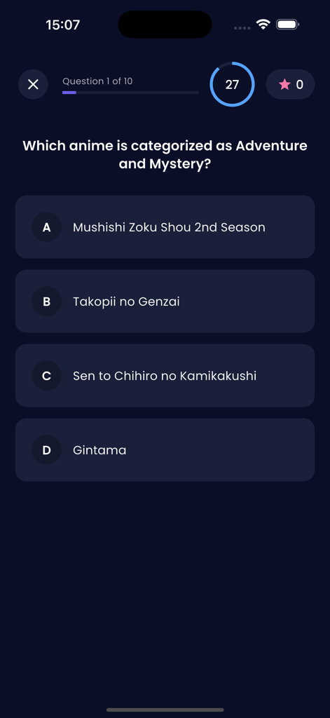 Anime slayer Tv - Una captura de pantalla de la aplicación Anime slayer Tv que muestra una pregunta de trivia de opción múltiple sobre géneros de anime.