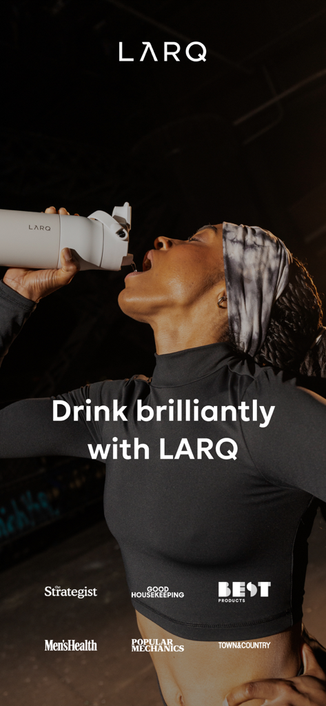LARQ - An active woman drinking from a white LARQ water bottle featuring brand endorsements from Men's Health and Good Housekeeping
