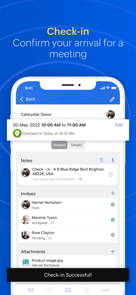 Screenshot of Zoho CRM mobile app showing a successful meeting check in for a field sales representative