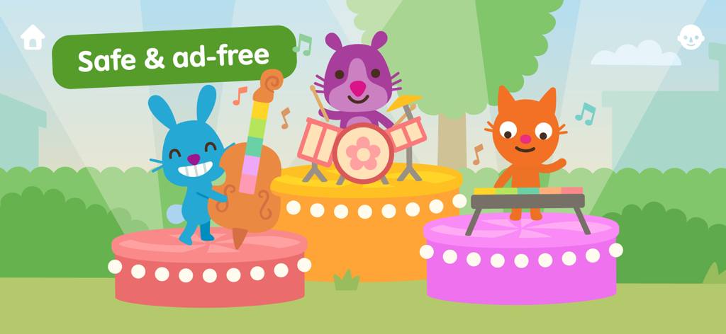 Tres coloridos personajes de Sago Mini tocando instrumentos musicales en un escenario con un cartel de juego seguro y sin publicidad