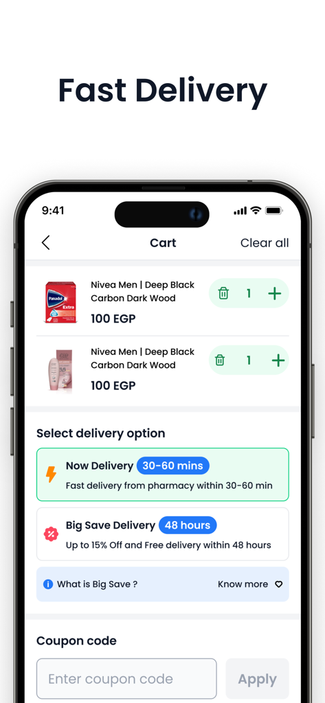 Shopping cart view in the Chefaa app showing various medicine delivery options and product prices in EGP.