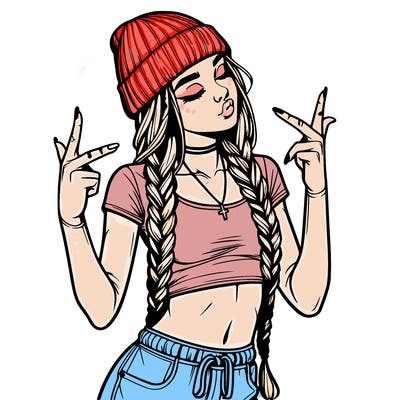 realistic teenage girl with braids and a beanie and crop top doing 🫶🏼