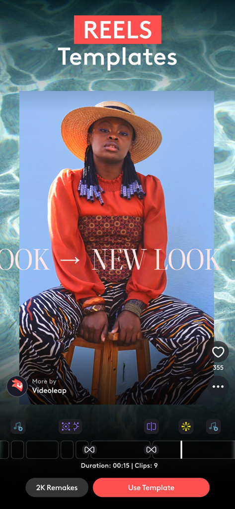 Interfaz de la aplicación Videoleap mostrando una plantilla de Reels para redes sociales con un creador de moda y herramientas de edición de video