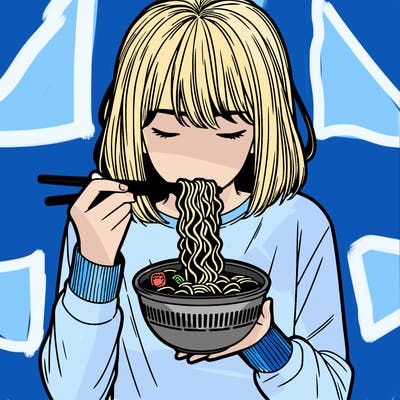 a girl realistic eating ramen noodles