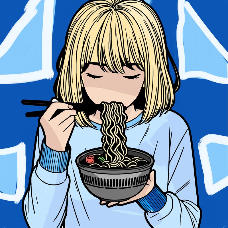 a girl realistic eating ramen noodles