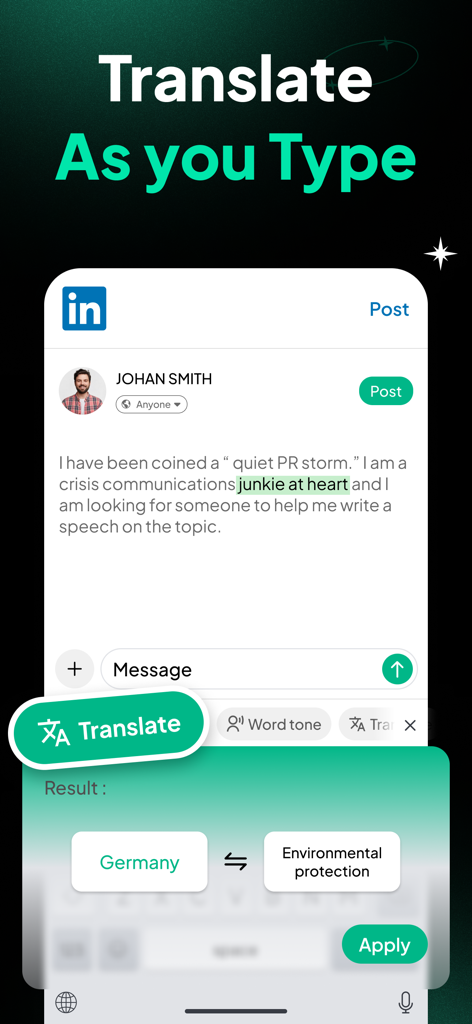 TypeFix: AI Writing Keyboard - Capture d'écran mobile du clavier IA TypeFix démontrant sa fonctionnalité de traduction en temps réel lors de la rédaction sur les réseaux sociaux.