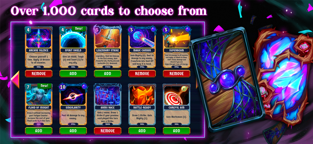 Breach Wanderers: Deckbuilder - Interface showing a selection of magic cards in Breach Wanderers Deckbuilder with options to add or remove cards