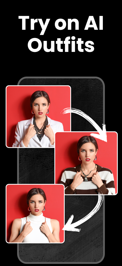 AI Clothes Changer - AI Outfit - Uma mulher demonstrando o recurso de experimentação virtual de looks com IA com três estilos diferentes de roupa