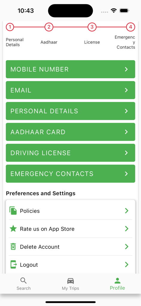 VCars - Self Drive Car Rentals - Interfaz de verificación de perfil y cuenta de la aplicación de alquiler de coches VCars