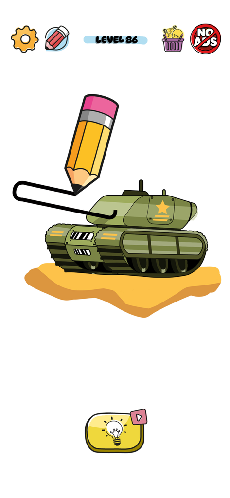 A mobile game level where a yellow pencil draws a barrel on a green military tank to complete a puzzle