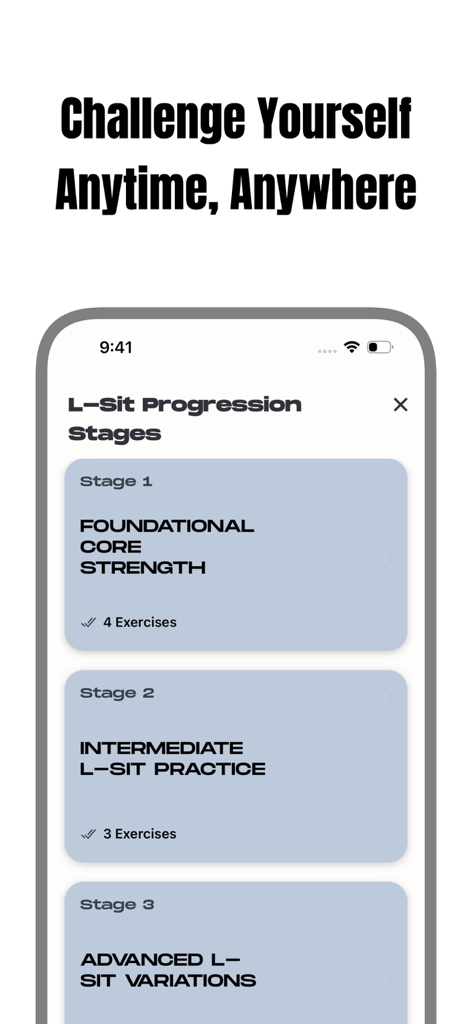 Calis : Calisthenics Workout - Calis app screen showing L-Sit progression stages from foundational core strength to advanced variations