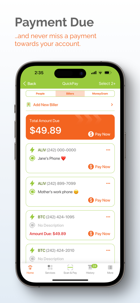 Cash N GO móvil mostrando la pantalla de pago rápido de facturas para proveedores de servicios públicos de Bahamas como ALIV y BTC.