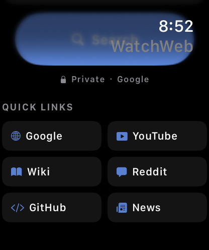 WatchWeb home screen with search bar and quick links to popular websites