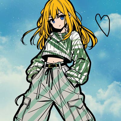 anime teen girl with baggy pants and crop top with sweater