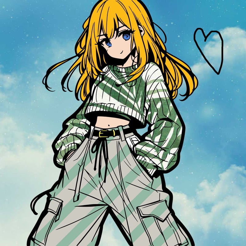 anime teen girl with baggy pants and crop top with sweater