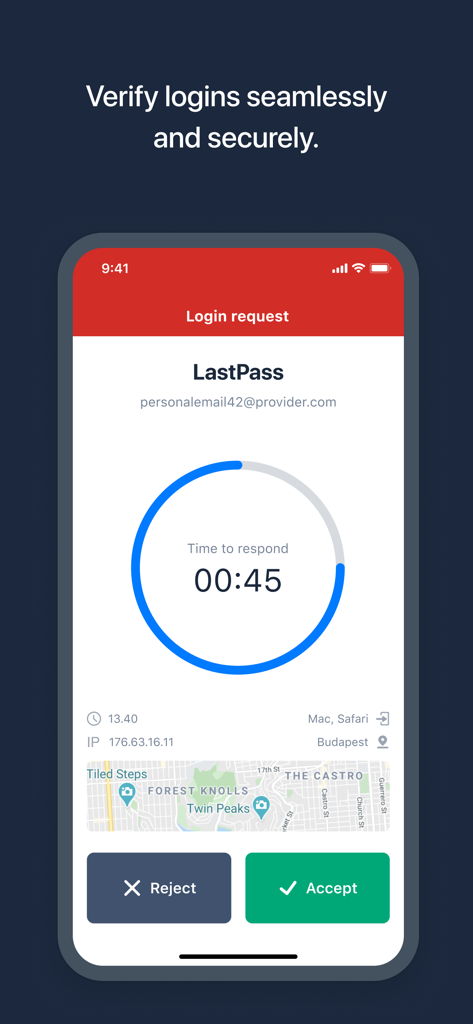 LastPass Authenticator app showing a secure login request with one tap accept or reject buttons