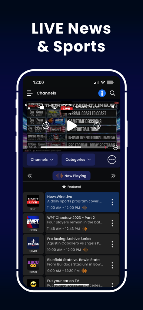 FreeCast: TV Shows & Movies - FreeCast app interface displaying live sports and news channel listings