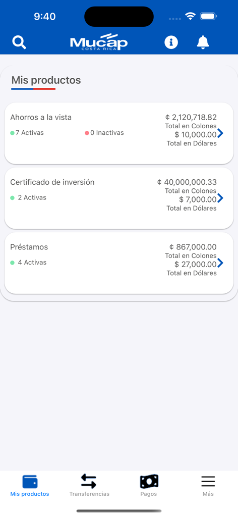 Panel de la app Mucap en linea mostrando saldos de ahorros, inversiones y préstamos