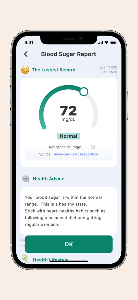 Health Life - BloodSugar & BP - A mobile screen showing a blood sugar report with a reading of 72 mg per dL labeled as normal within the Health Life app