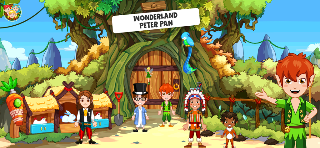 Characters from the Wonderland Peter Pan game standing in front of a large magical treehouse