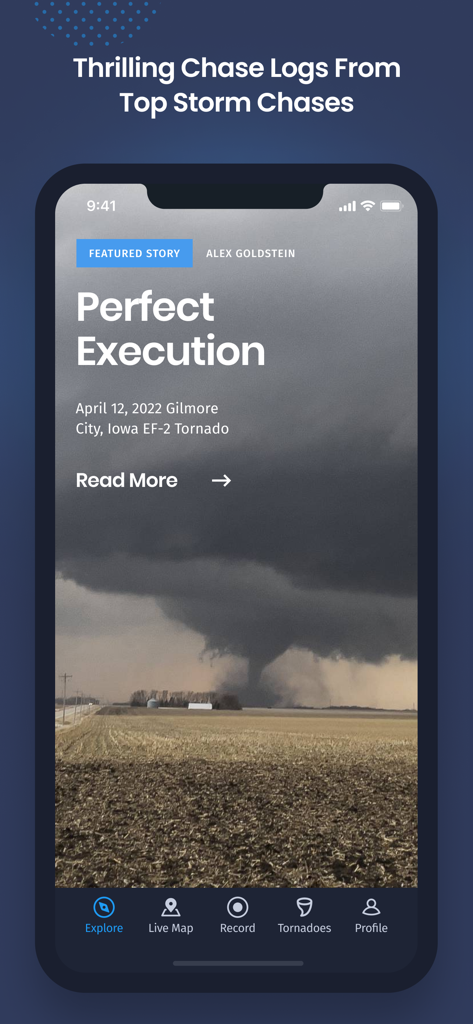 Highways and Hailstones app screen displaying a featured storm chase log of an EF-2 tornado in Iowa