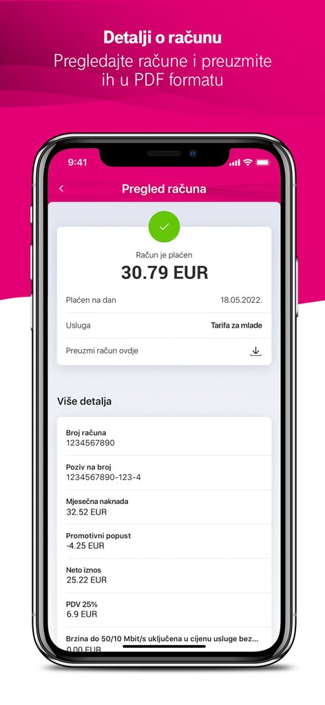 Moj Telekom HR - Moj Telekom HR App Bestätigung der Rechnungszahlung und Transaktionsdetails-Bildschirm.