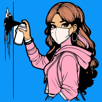 realistic girl with mask spray painting a wall