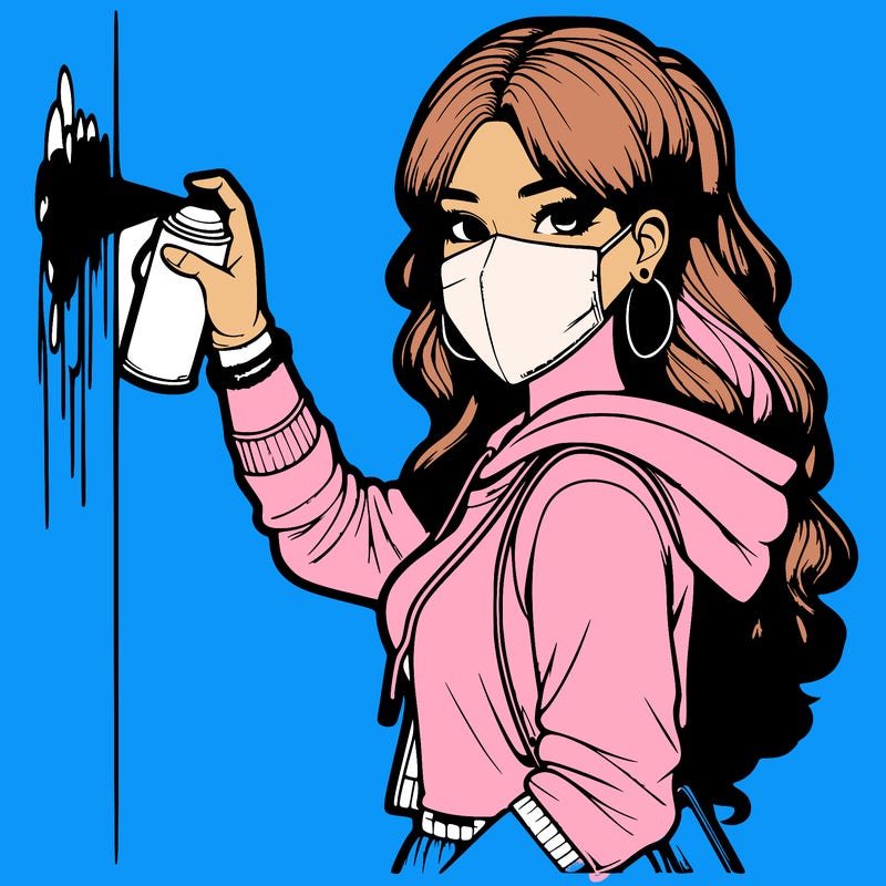 realistic girl with mask spray painting a wall