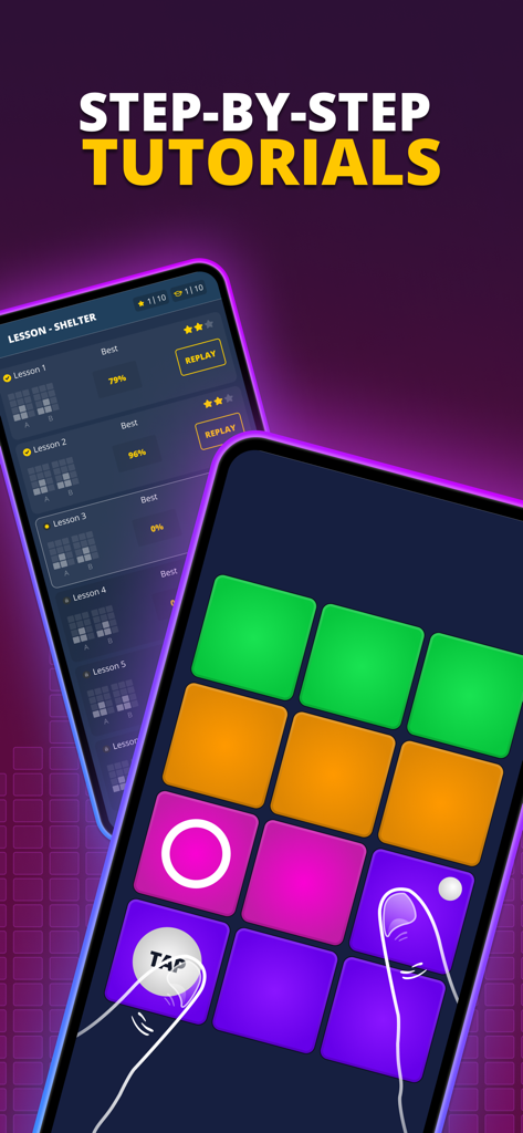 Tutoriels musicaux étape par étape et interface interactive de boîte à rythmes dans l'application Beat Lab.