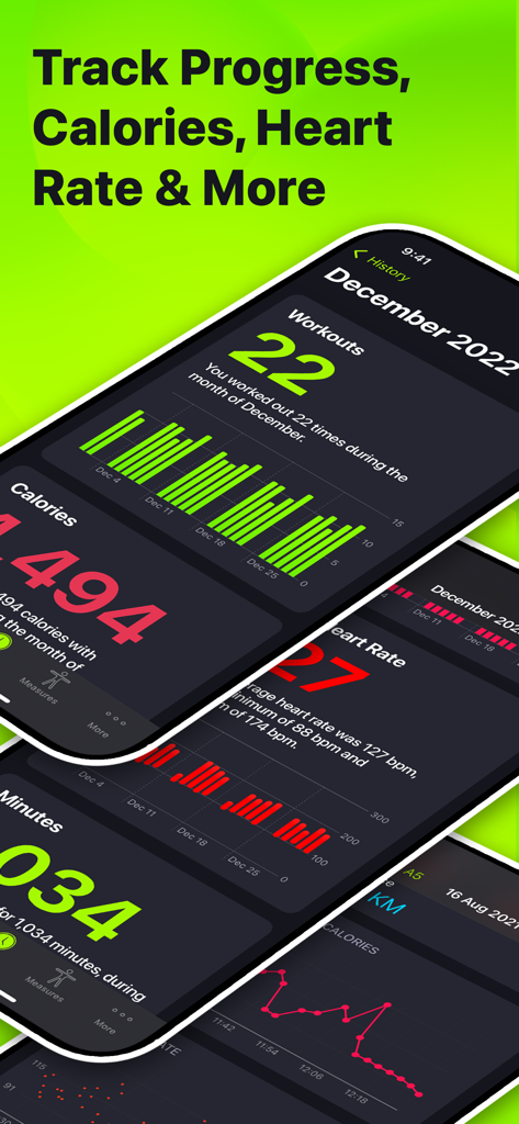 SmartGym app dashboard showing monthly workout history and charts for calories and heart rate
