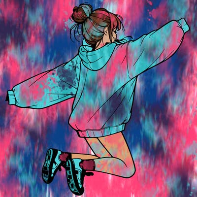 realistic girl jumping with a bun and oversized sweatshirt