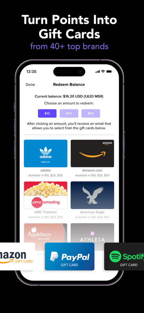 Interfaz de la app MSR para canjear puntos ganados en tarjetas de regalo y efectivo de PayPal de varias marcas.