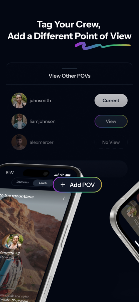 Recap: Relive Your Memories - A mobile interface from the Recap app showing how to view and add different points of view to shared memories with friends