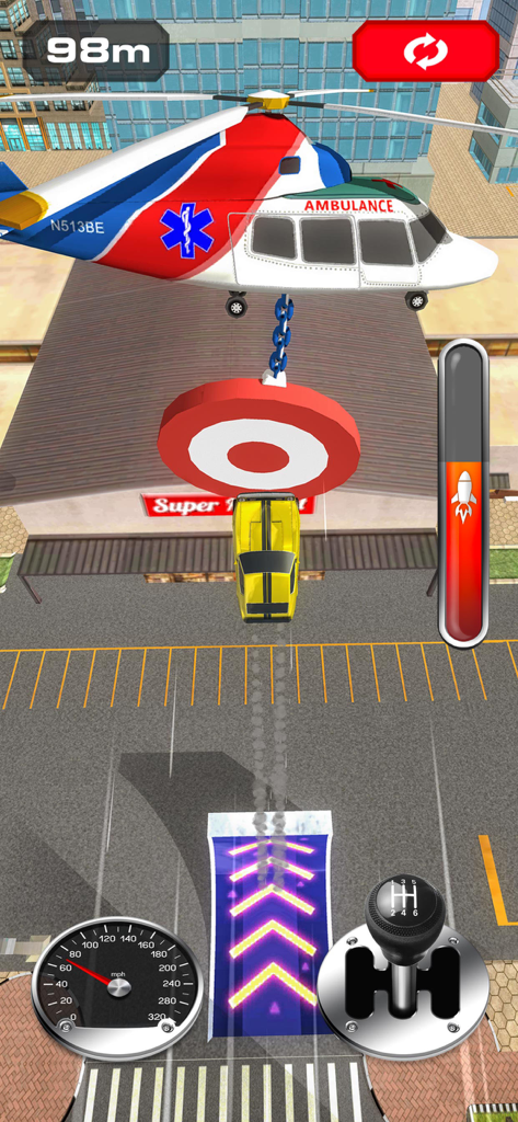 Jump into the Plane - Un coche amarillo realizando un salto de acrobacia hacia un objetivo unido a un helicóptero de ambulancia