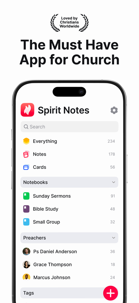 Spirit Notes - Christian Notes - Spirit Notes app interface showing notebooks for Sunday sermons and Bible study organized by preacher