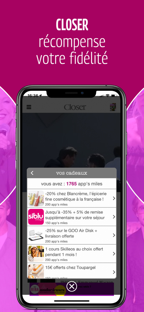 Closer – Actu et exclus People - Interfaz de la aplicación Closer que muestra las recompensas del programa de fidelización y los puntos app's miles ganados por los usuarios